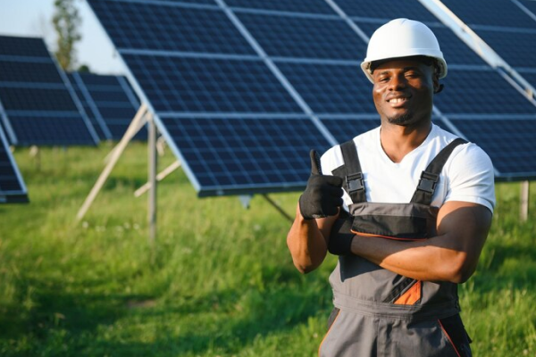 a man standing next to solar panels